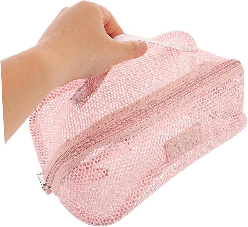 Large Capacity Pink Mesh Cosmetic Organizer Travel Toiletry Bag For Women - Image 4